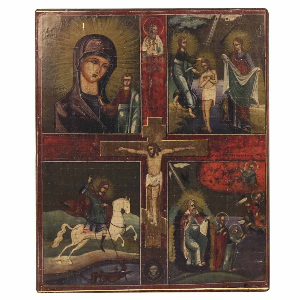 Greek icon screen printed Crucified Virgin and Saints 26x31 cm - 13200191