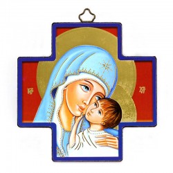 Quadretto Croce Madonna con Bambino stampa su legno 12x12 cm