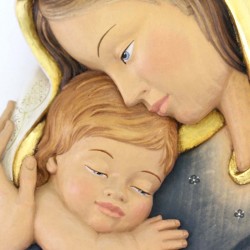 Placca Madonna con Bimbo legno a rilievo 25x35 cm